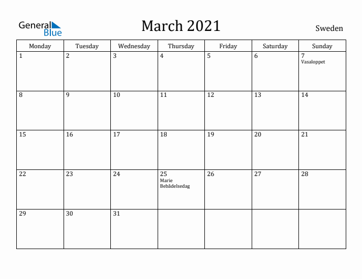 March 2021 Calendar Sweden