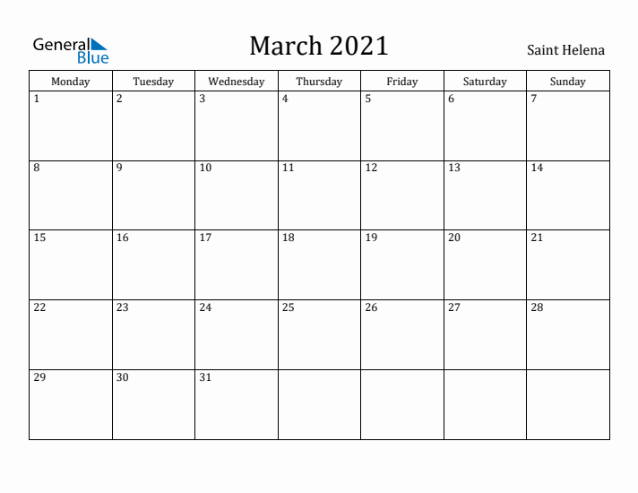 March 2021 Calendar Saint Helena