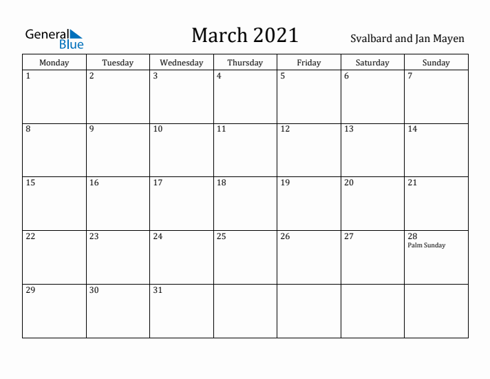 March 2021 Calendar Svalbard and Jan Mayen