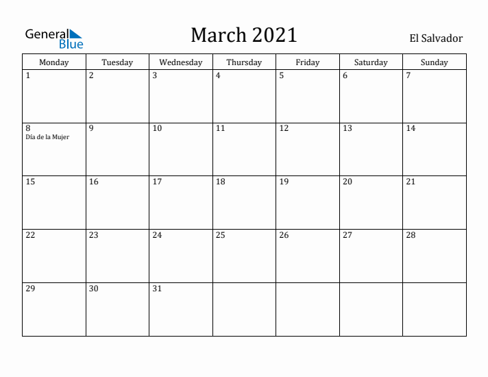 March 2021 Calendar El Salvador