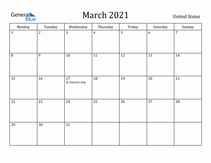 March 2021 Calendar United States