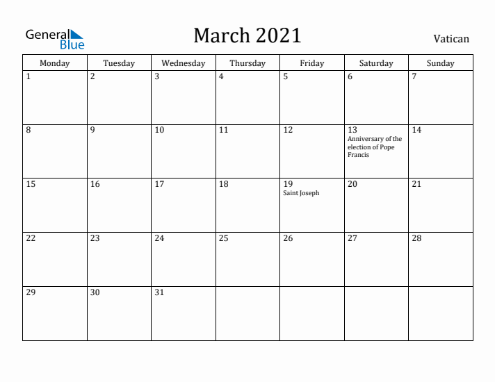 March 2021 Calendar Vatican