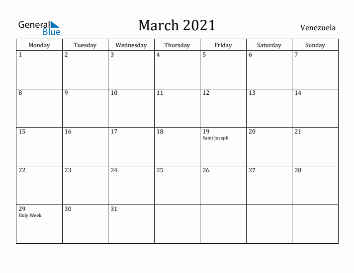 March 2021 Calendar Venezuela