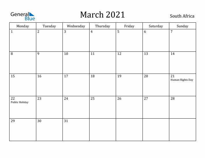 March 2021 Calendar South Africa
