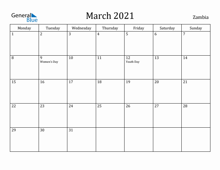 March 2021 Calendar Zambia