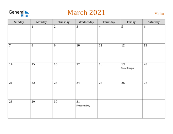 March 2021 Calendar - Malta