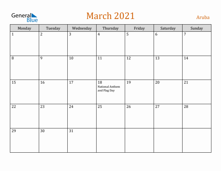 March 2021 Holiday Calendar with Monday Start