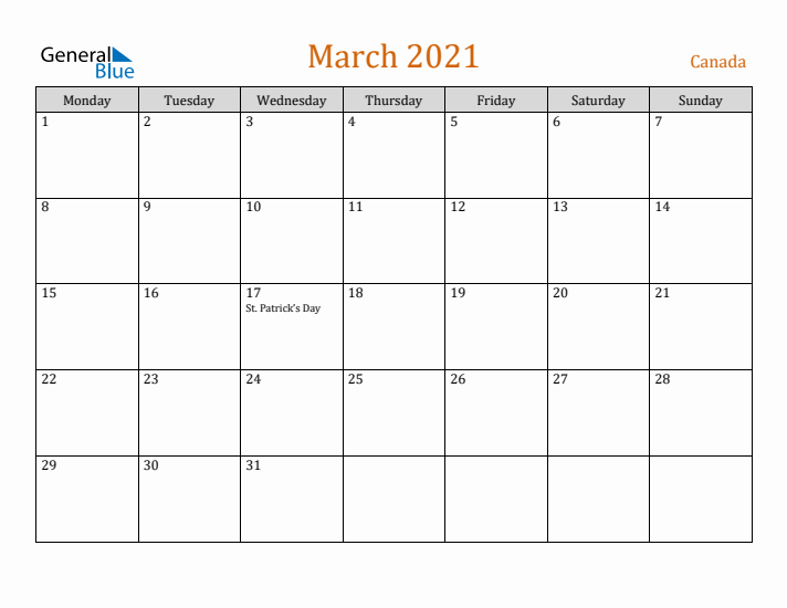 March 2021 Holiday Calendar with Monday Start