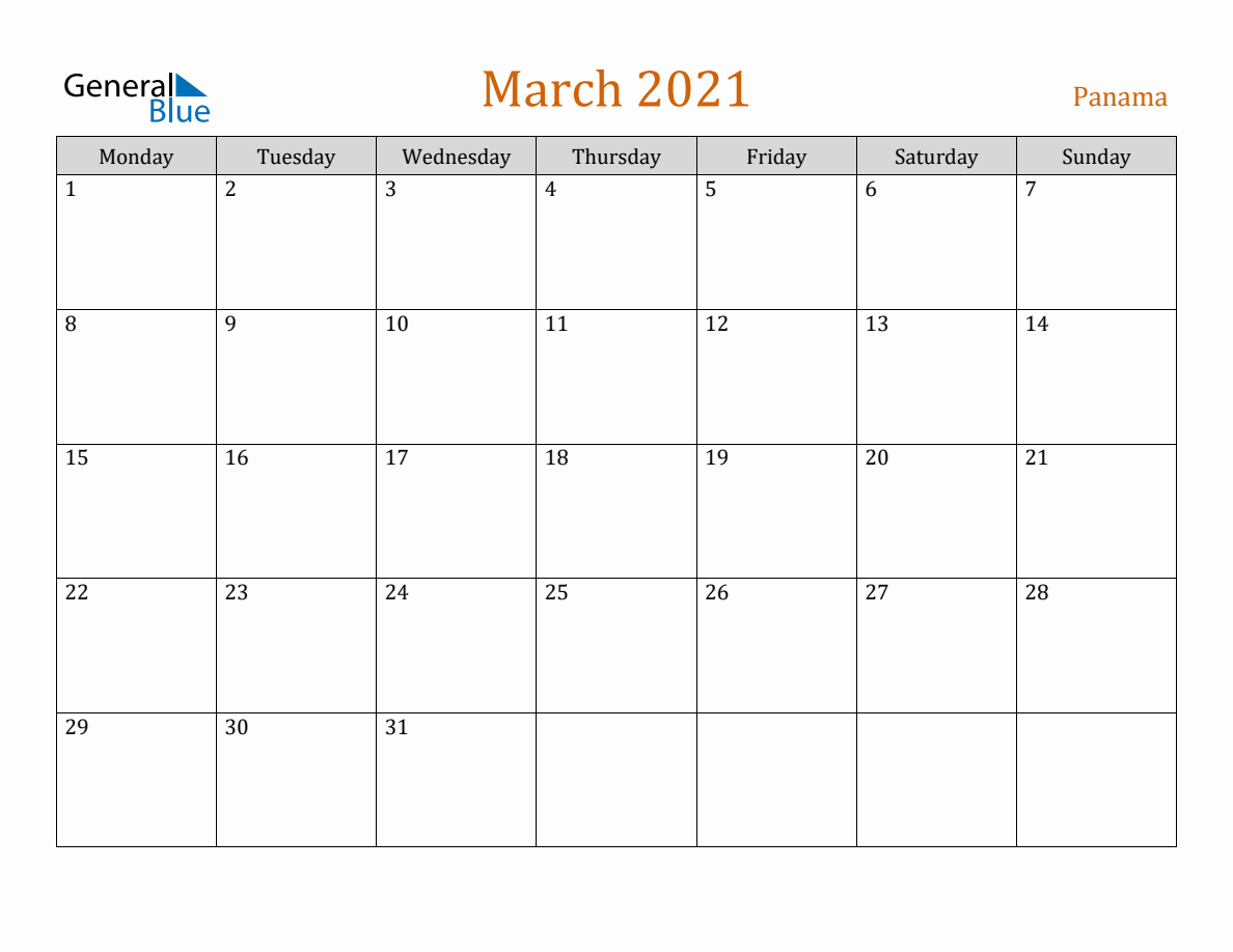 Free March 2021 Panama Calendar