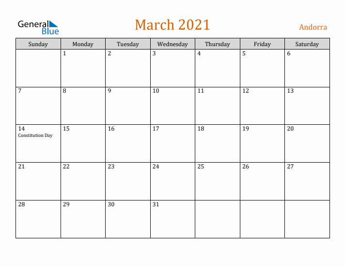 March 2021 Holiday Calendar with Sunday Start