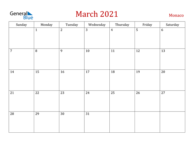 Monaco March 2021 Calendar