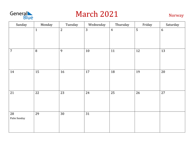 Norway March 2021 Calendar