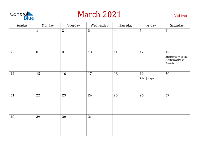 March 2021 Calendar - Vatican
