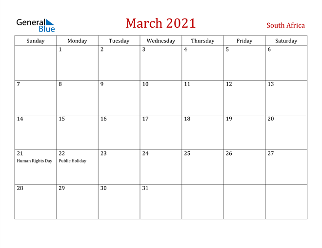 March 2021 Calendar - South Africa