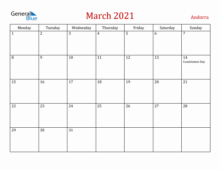 Andorra March 2021 Calendar - Monday Start