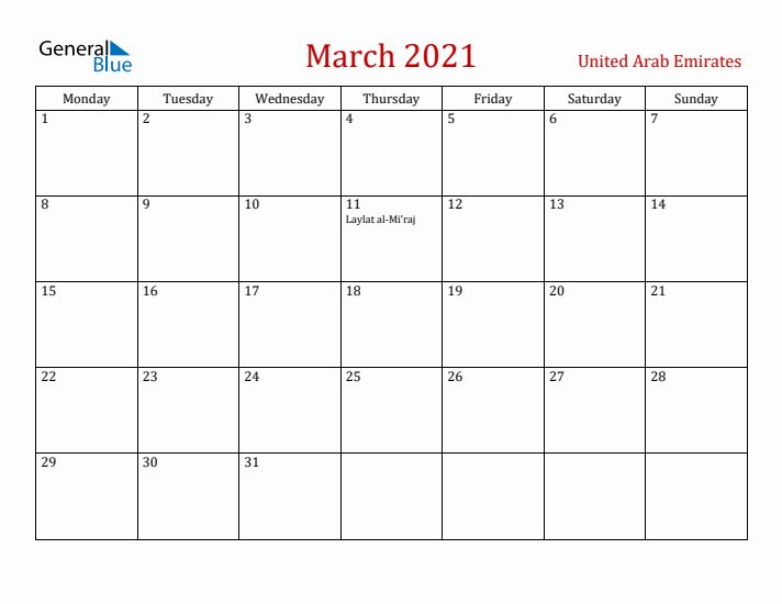 United Arab Emirates March 2021 Calendar - Monday Start