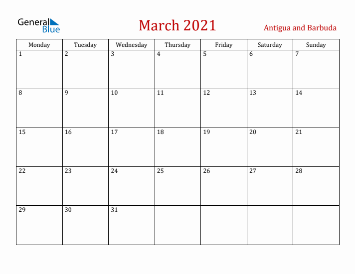 Antigua and Barbuda March 2021 Calendar - Monday Start