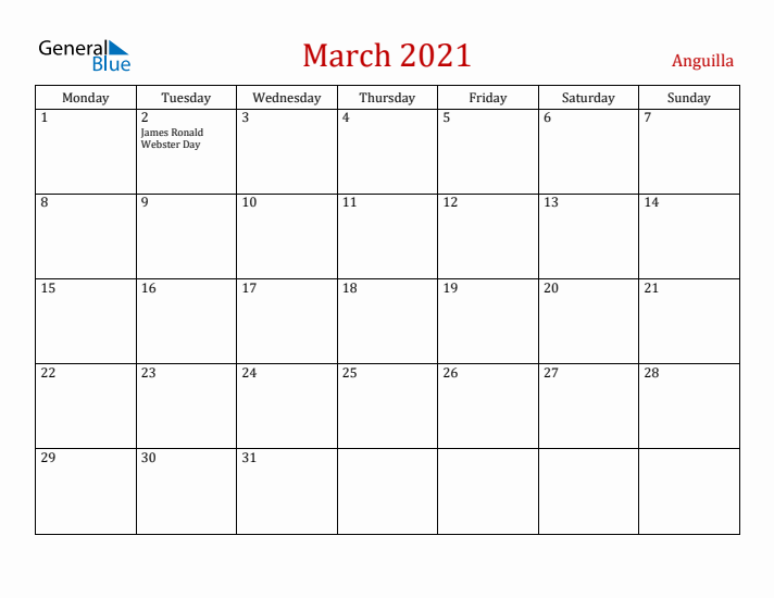 Anguilla March 2021 Calendar - Monday Start