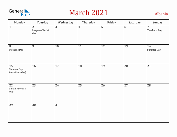 Albania March 2021 Calendar - Monday Start
