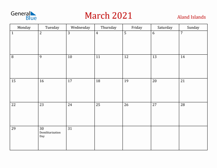 Aland Islands March 2021 Calendar - Monday Start