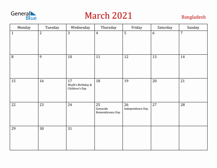 Bangladesh March 2021 Calendar - Monday Start