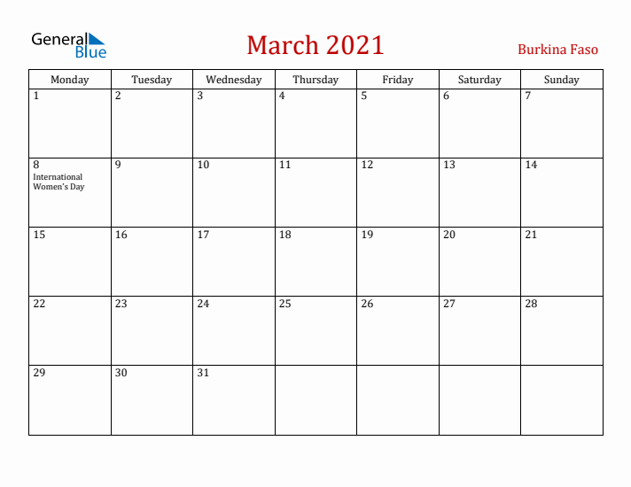 Burkina Faso March 2021 Calendar - Monday Start