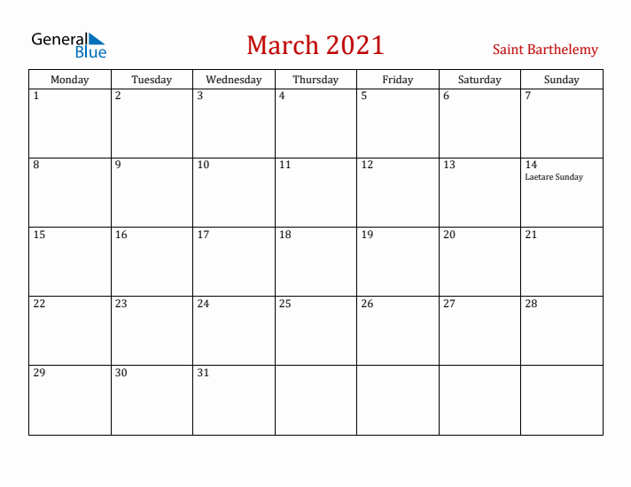 Saint Barthelemy March 2021 Calendar - Monday Start