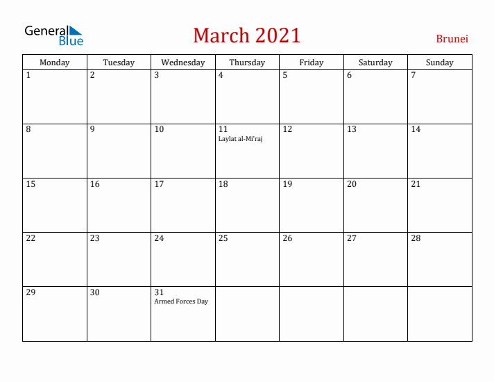 Brunei March 2021 Calendar - Monday Start