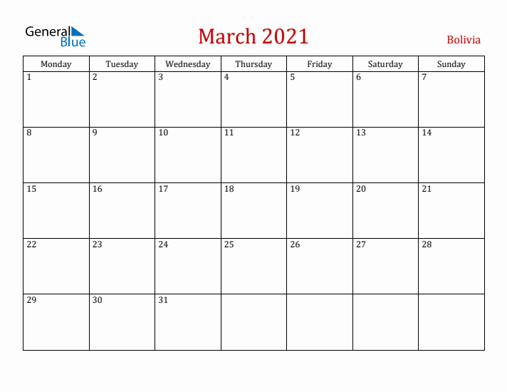 Bolivia March 2021 Calendar - Monday Start