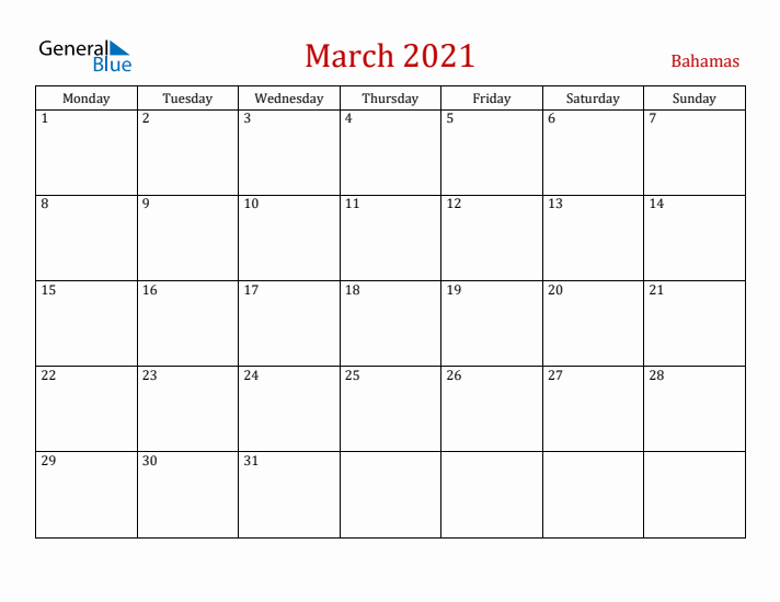 Bahamas March 2021 Calendar - Monday Start