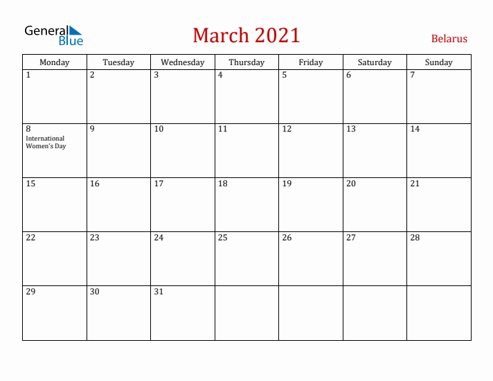 Belarus March 2021 Calendar - Monday Start