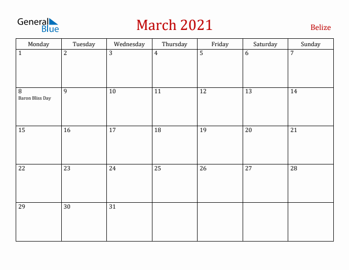 Belize March 2021 Calendar - Monday Start