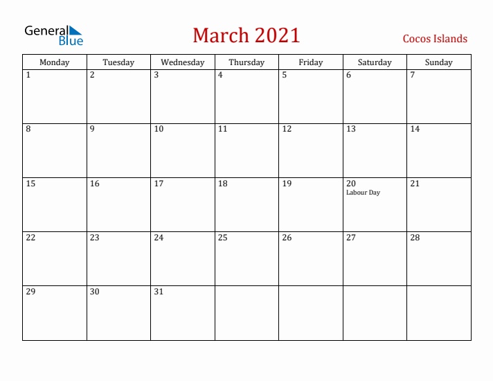 Cocos Islands March 2021 Calendar - Monday Start