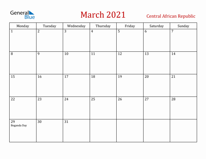 Central African Republic March 2021 Calendar - Monday Start