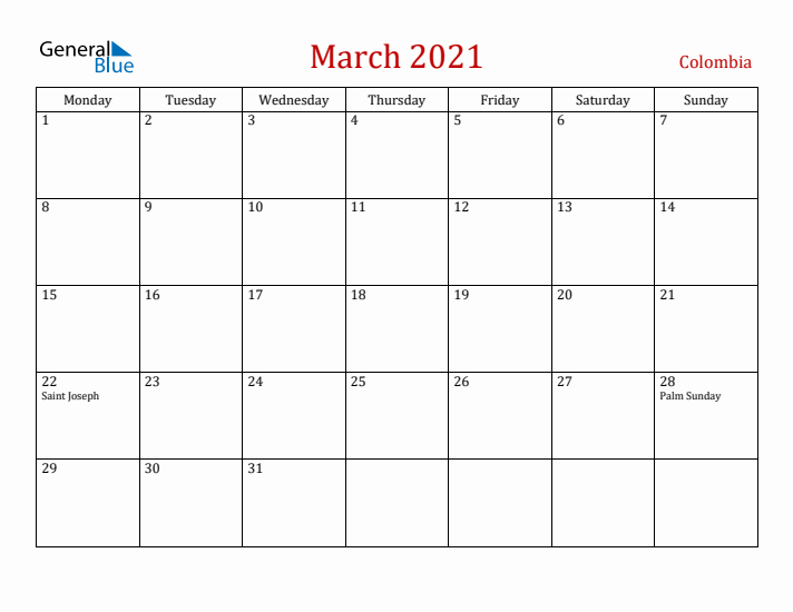 Colombia March 2021 Calendar - Monday Start