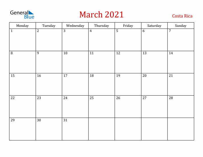 Costa Rica March 2021 Calendar - Monday Start