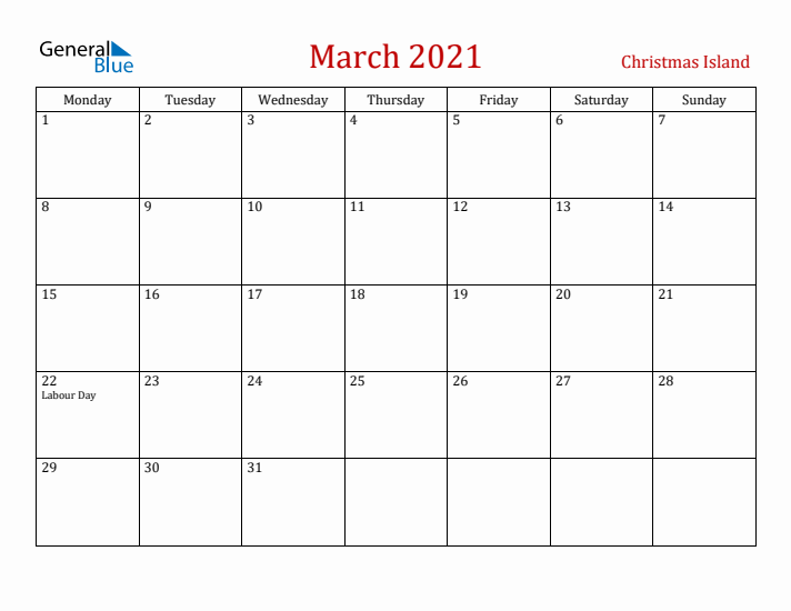 Christmas Island March 2021 Calendar - Monday Start