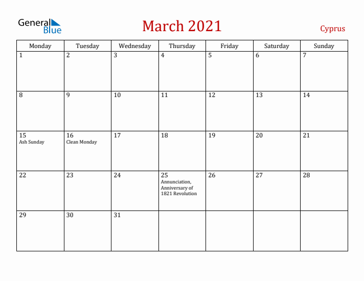 Cyprus March 2021 Calendar - Monday Start