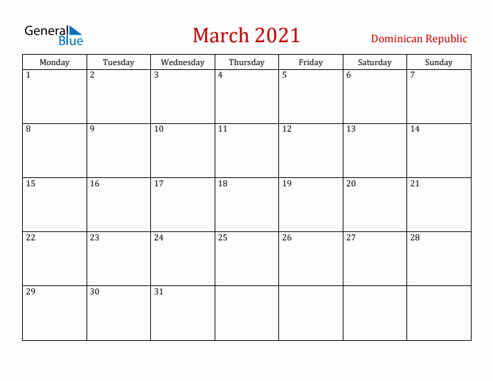 Dominican Republic March 2021 Calendar - Monday Start