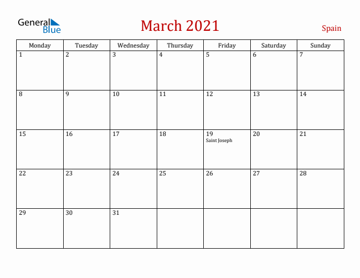 Spain March 2021 Calendar - Monday Start