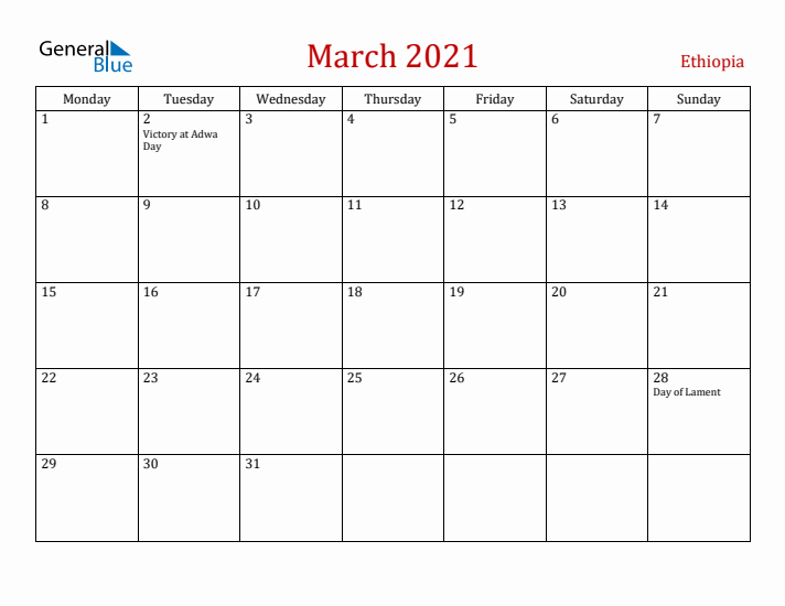 Ethiopia March 2021 Calendar - Monday Start