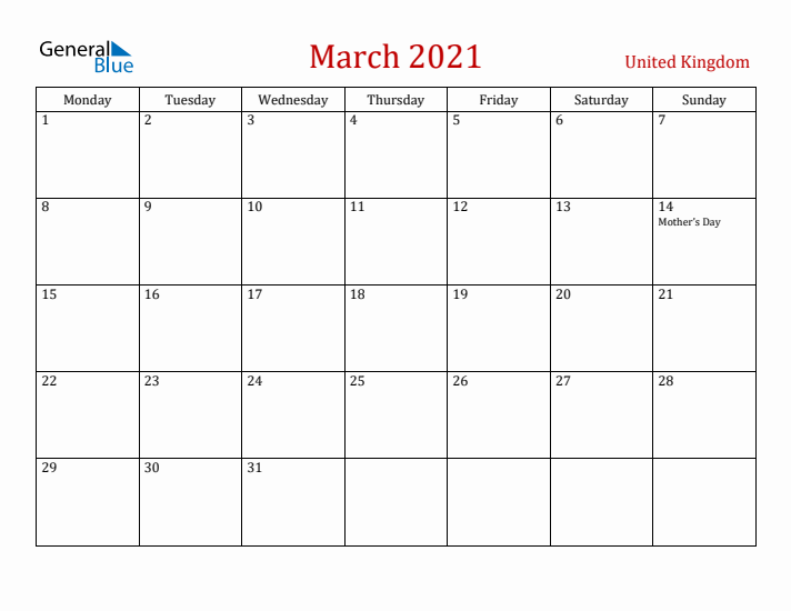 United Kingdom March 2021 Calendar - Monday Start
