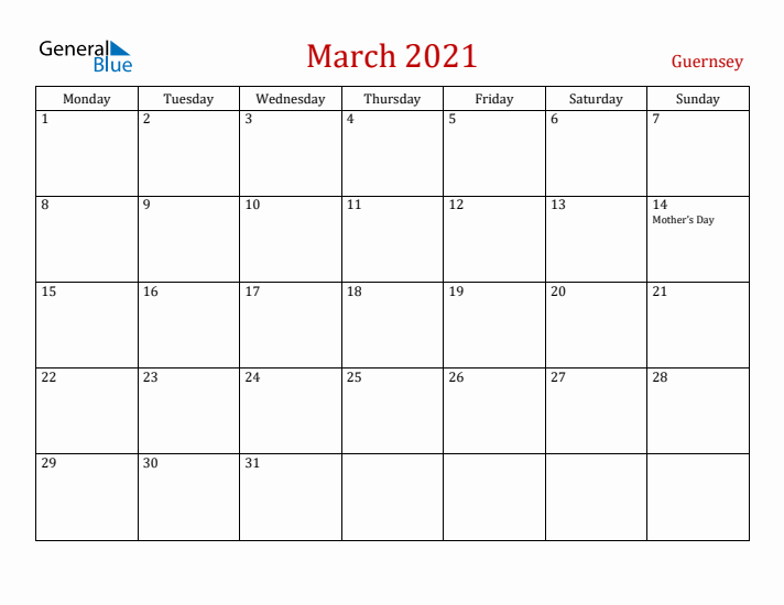 Guernsey March 2021 Calendar - Monday Start