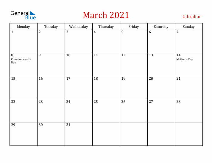 Gibraltar March 2021 Calendar - Monday Start