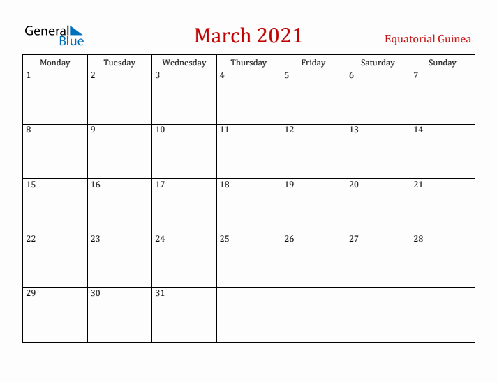 Equatorial Guinea March 2021 Calendar - Monday Start