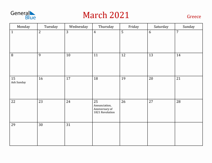 Greece March 2021 Calendar - Monday Start