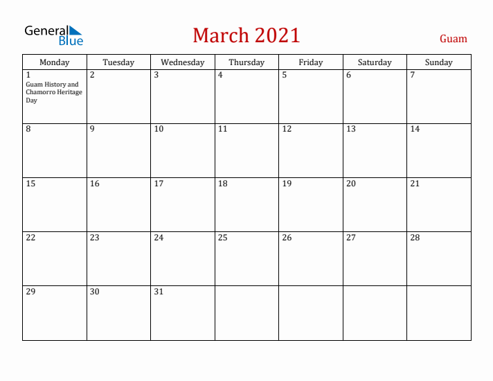 Guam March 2021 Calendar - Monday Start