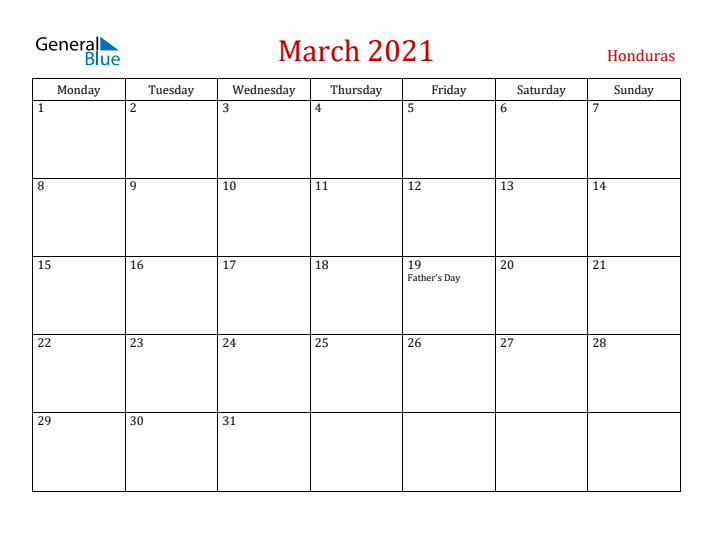 Honduras March 2021 Calendar - Monday Start
