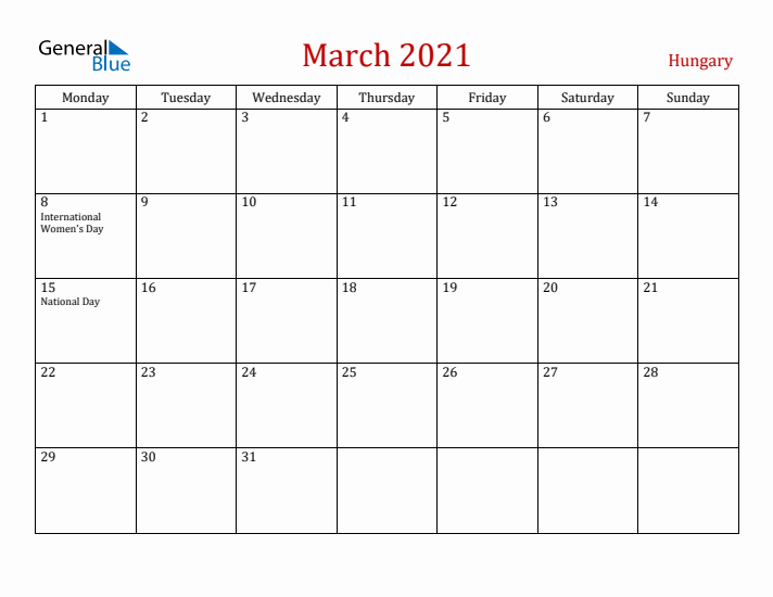 Hungary March 2021 Calendar - Monday Start