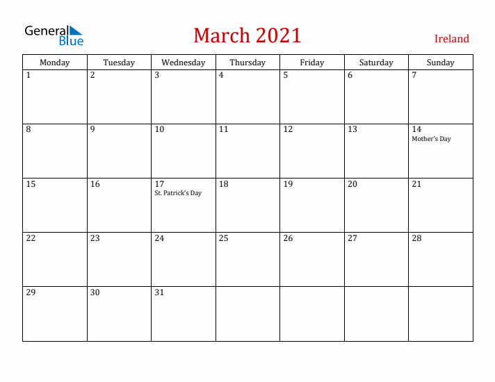 Ireland March 2021 Calendar - Monday Start